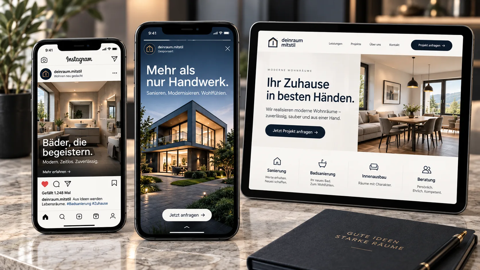 A company’s social media posts, an ad and a landing page on smartphone and tablet