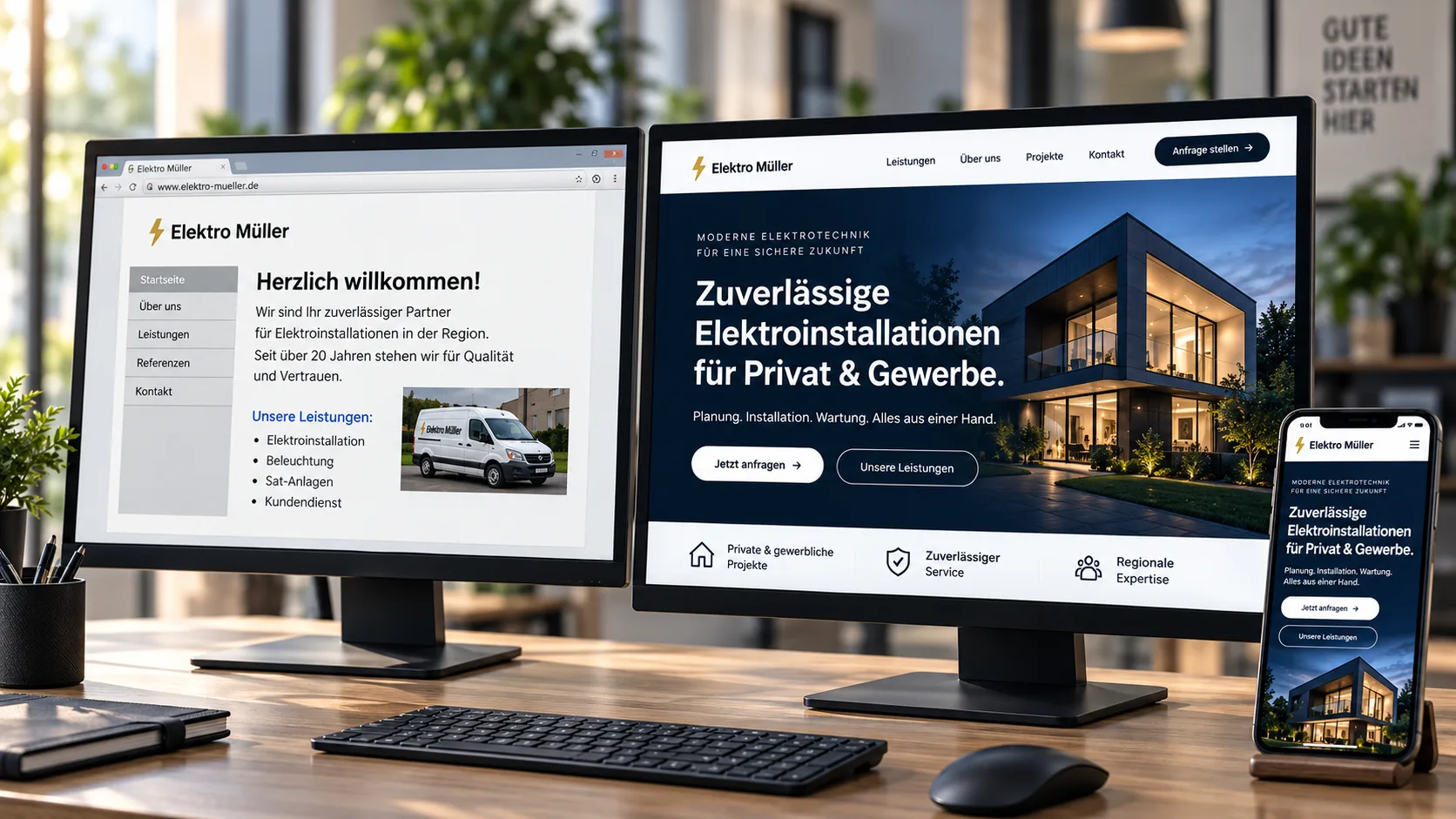 Before and after: an outdated company website next to a modern redesign on desktop and smartphone